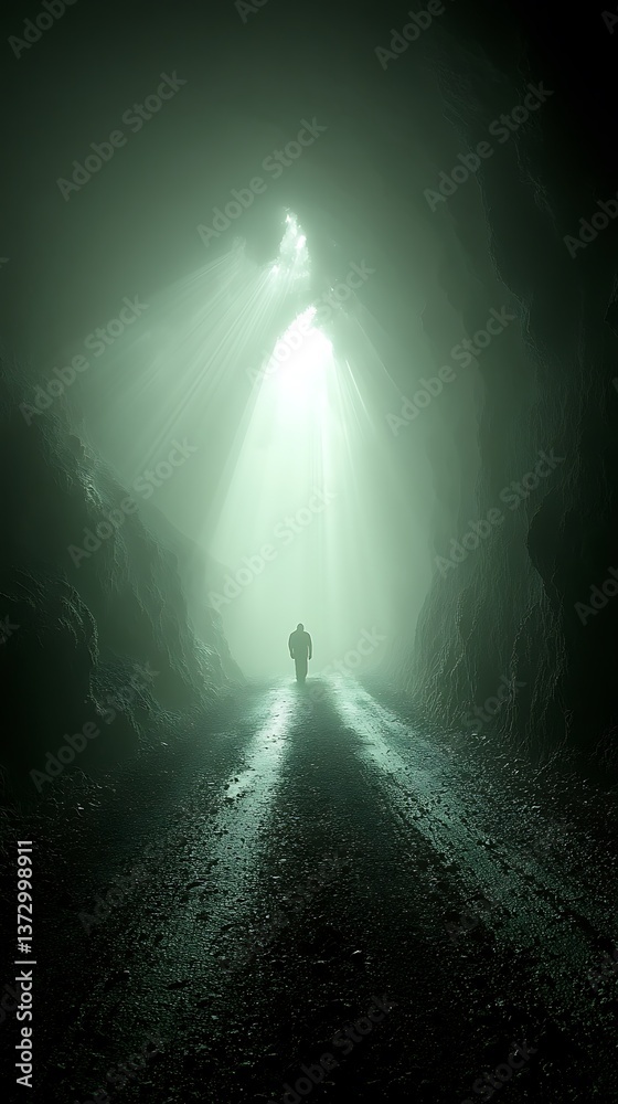 Obraz premium Lone Figure in Misty Cave.