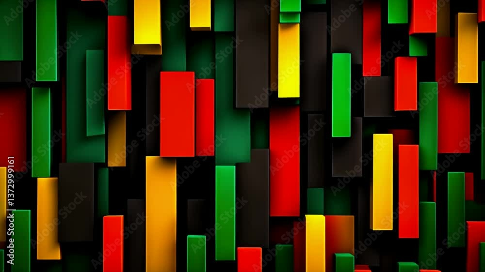 Vertical overlapping rectangles in Pan African colors (red, black, green, yellow), abstract 3D background. Black History Month