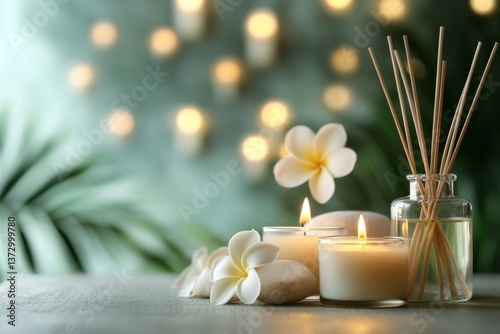 To achieve relaxation and wellness, a setting featuring spa treatments, aromatherapy, and candles on a table promotes zen, calm, and peace, while also incorporating stones, flowers, and a diffuser
