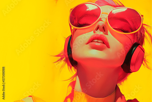 Girl in big pink glasses and headphones exposes her face to the sun, listen to music, sunbathe, enjoy the sun's rays, illustration in yellow and red tones