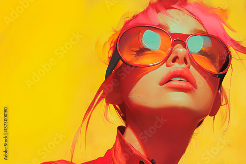 Girl in big pink glasses and headphones exposes her face to the sun, listen to music, sunbathe, enjoy the sun's rays, illustration in yellow and red tones