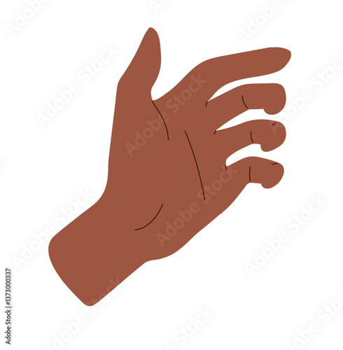 Hand grasping object, palm capture position. holding invisible item, grasping phone or bottle, realistic touch. Gesture, posture, expression, clutch, and body language in flat vector illustration.