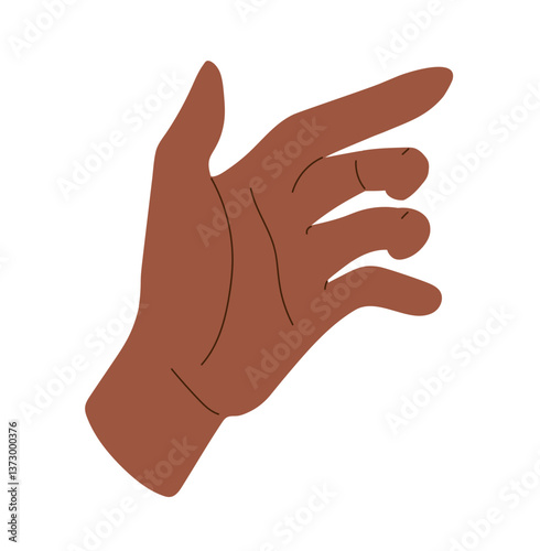 Hand grasping unseen, open position. African American woman in action pose, capturing invisible item, grip, and expression. Product, gesture, body language, in flat vector illustration, isolated on