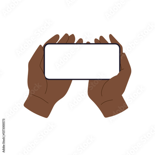 Phone in hand with blank screen, smartphone device held by user. African American man using mobile to watch, play, or use app, technology in horizontal view. Flat vector illustration isolated on white