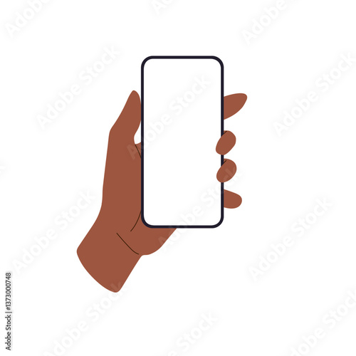 Phone mockup with empty screen, mobile device held by hand, black skin person using smartphone vertically. user with dark skin, clean display for app. Flat vector illustration isolated on white