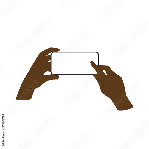 Phone with blank screen held in hand, black skin user using smartphone horizontally. African American man holding mobile device, click, play, watch or use app. Flat vector illustration isolated on