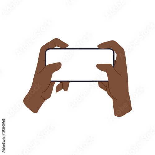 Phone with blank screen held by two hands, black skin user showing smartphone horizontally. African woman holding mobile device, ready to use, play. Flat vector illustration isolated on white