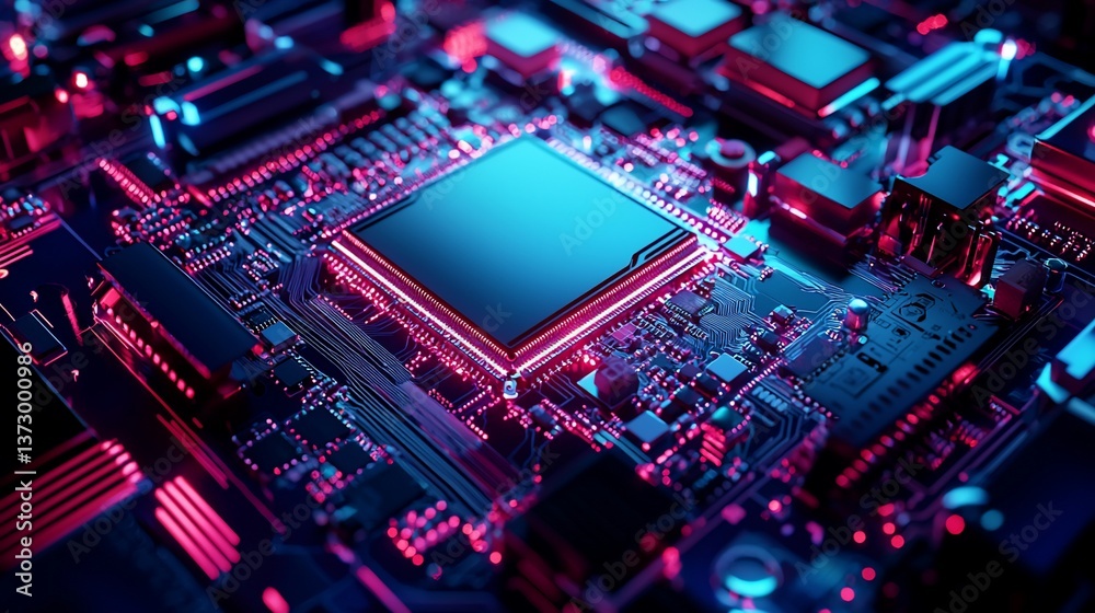 Futuristic microchip with glowing neon lights showcasing advanced technology Futuristic microchip with glowing neon lights showcasing advanced technology