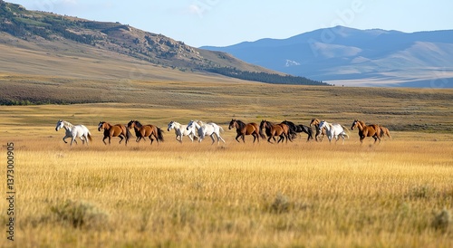 Wild Horse Herd Running Through Mountain Valley Grasslands