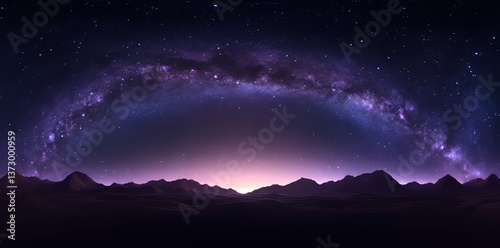A 360 degree starry night sky texture is set against a night alien desert landscape, presented in equirectangular projection as an environment map and HDRI spherical panorama