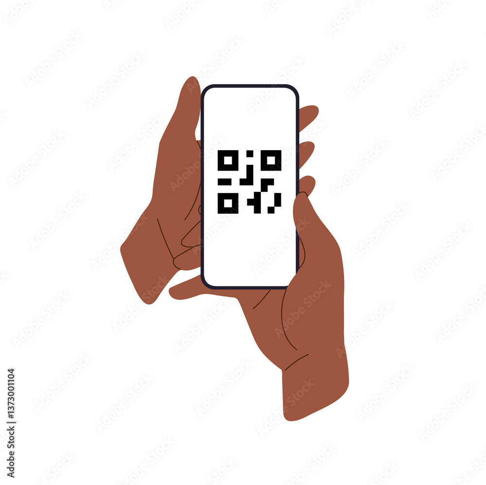 QR code scan with smartphone, person holding mobile device and reading black square barcode. Digital payment, smart app use, electronic data. Flat vector illustration isolated on white background.