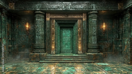 Ancient temple entrance glowing mystical green hue.