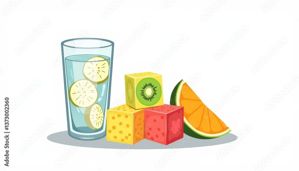 Fototapeta premium Colorful fruit ice cubes with refreshing water, summer coolness