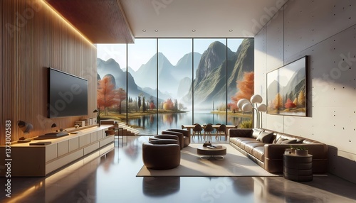modern living room with sofa, Elegant minimalist office in the mountains, created with generative AI.