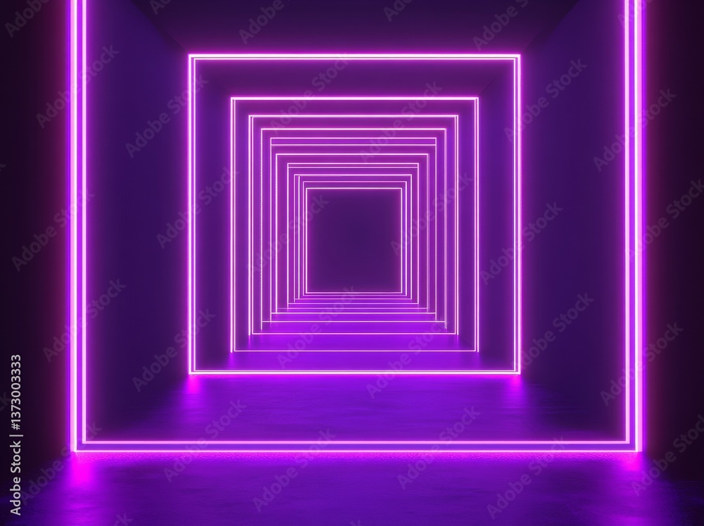 The image features a 3D render of a glowing ultraviolet neon square portal, complete with a tunnel or corridor, and adorned with abstract fashion elements, including violet neon lights, an arch, and The image features a 3D render of a glowing ultraviolet neon square portal, complete with a tunnel or corridor, and adorned with abstract fashion elements, including violet neon lights, an arch, and