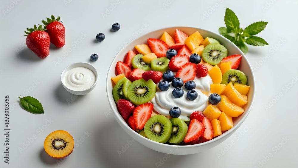 Delicious and refreshing fruit salad with yogurt, strawberries, kiwi, blueberries, and peaches, perfect for a healthy breakfast or snack. Delicious and refreshing fruit salad with yogurt, strawberries, kiwi, blueberries, and peaches, perfect for a healthy breakfast or snack.