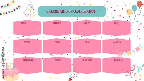 A colourful and playful Spanish birthday calendar template with decorative wavy sections for each month, balloons, stars and pastel colours for a fun and upbeat design.