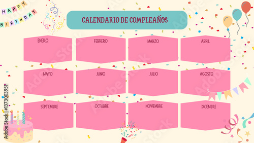 A colourful and playful Spanish birthday calendar template with decorative wavy sections for each month, balloons, stars and pastel colours for a fun and upbeat design.
