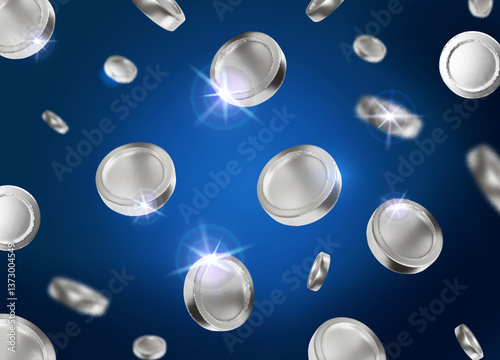 Silver metal coins falling. Business cash flow. Finance success. Casino background. Realistic silver coins rain isolated on blue background. Wealth flow.
