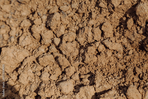 A detailed close-up of earth texture, revealing a mix of coarse and fine particles. The earth appears dry and crumbly, with a light brown hue. Ideal for backgrounds, natural textures.