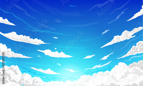 Blue sky with clouds. Anime style cartoon background Sunny summer day sky scene. Nature landscape with sun light. Heavens with bright weather,