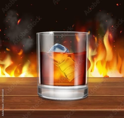 Glass of scotch whiskey and ice on a wooden table. Fireplace on background. Alcohol drink in a glass. Bourbon cocktail realistic 3d illustration