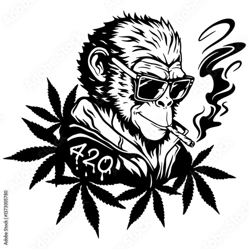 Cool monkey in sunglasses smoking a joint with  cannabis leaves. A stylish black and white vector design