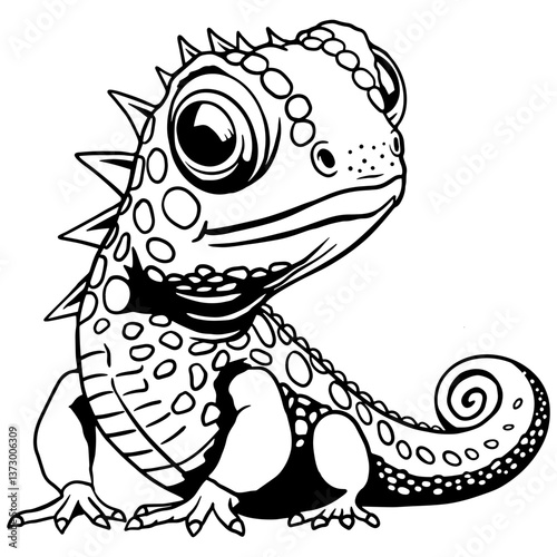 Cute cartoon lizard illustration with big eyes and spiky tail. Fun reptile design for coloring pages