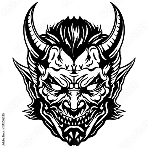 Detailed vector illustration of an evil horned demon face with sharp teeth and intense expression.