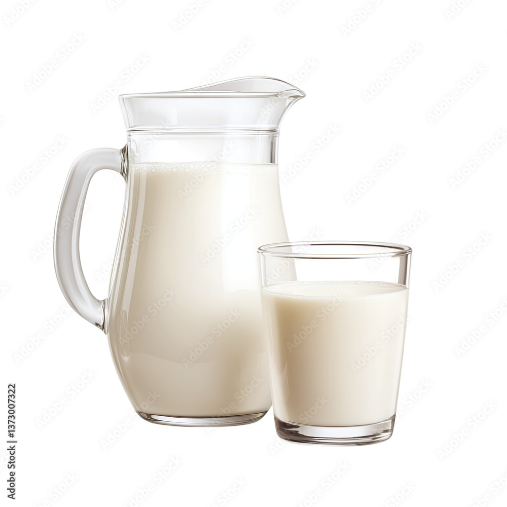 Glass and jug with milk, isolated on white transparent background. 