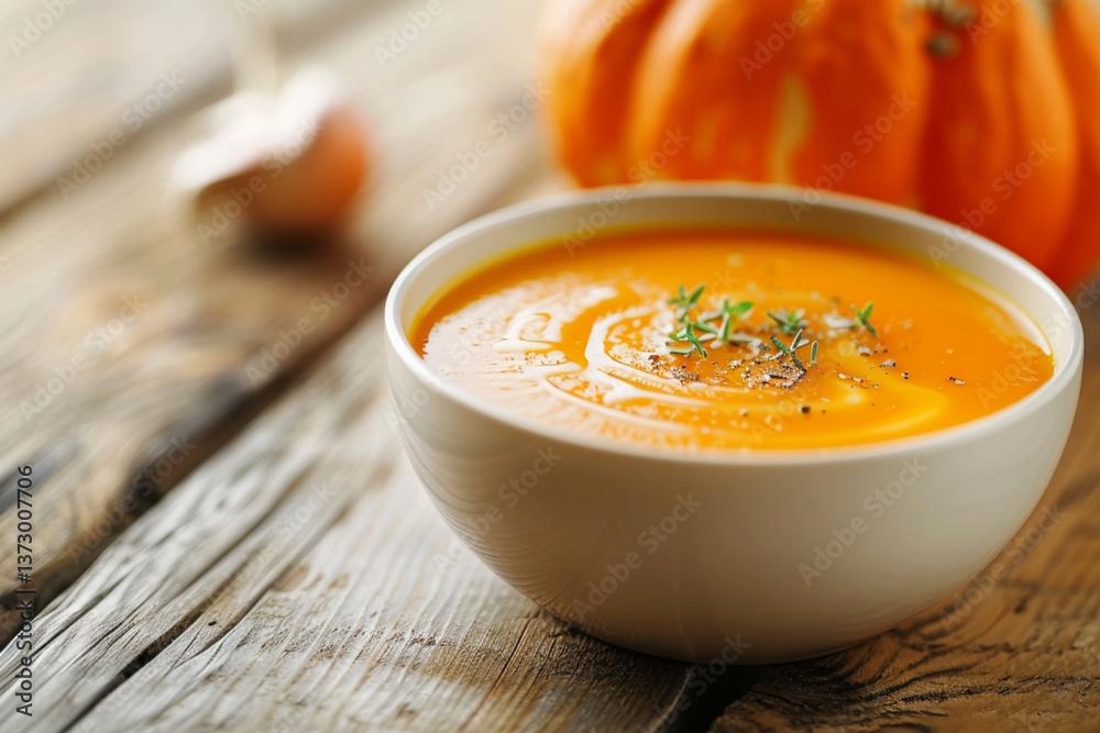 Ceamy pumpkin soup in a bowl on a wooden table, with a blurred pumpkin in the background. Warm, smooth, and perfect for autumn Ceamy pumpkin soup in a bowl on a wooden table, with a blurred pumpkin in the background. Warm, smooth, and perfect for autumn