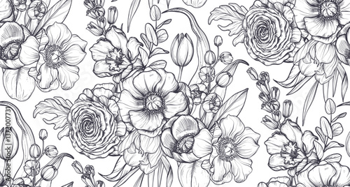 Vector seamless pattern with bouquets of spring flowers, leaves and branches. Endless floral background