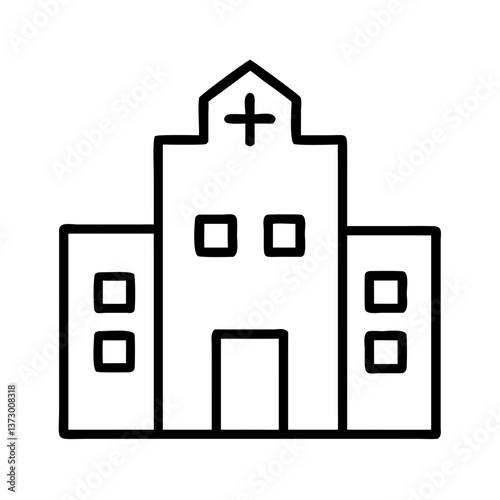 Hospital building icon with medical cross in black and white.