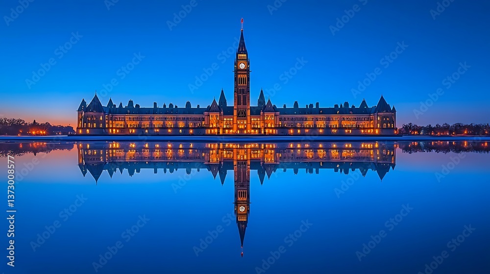 Naklejka premium Parliament Buildings at Dawn, reflected in still water
