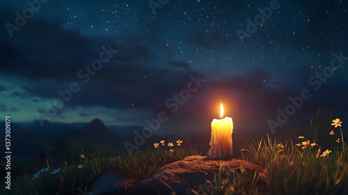 A candle lit in memory of the departed, its flame burning brightly against the dark night sky, symbolizing hope and remembrance.