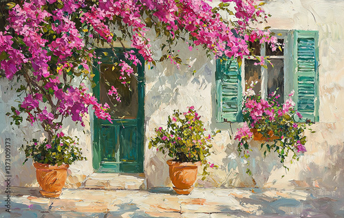   White house with green shutters and pink flowers in front of a green door and window
