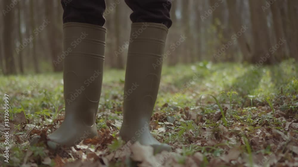 a man in rubber boots walks through the forest. Footsteps in boots on a path a man in rubber boots walks through the forest. Footsteps in boots on a path