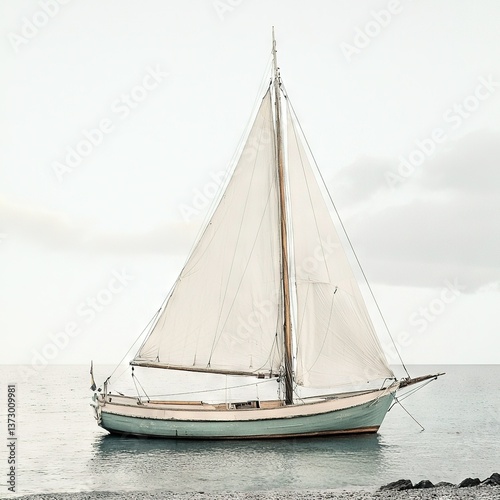   A sailboat floats on water beside a rocky shore beneath a cloudy sky