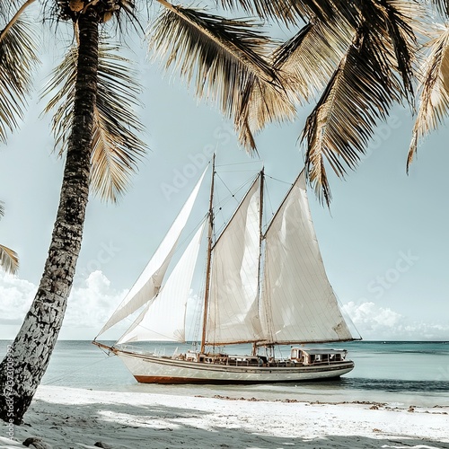   Sailboat on beach with palm tree in fg and blue sky in bg