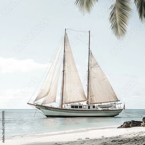   Sailboat on water, next to palm tree on beach