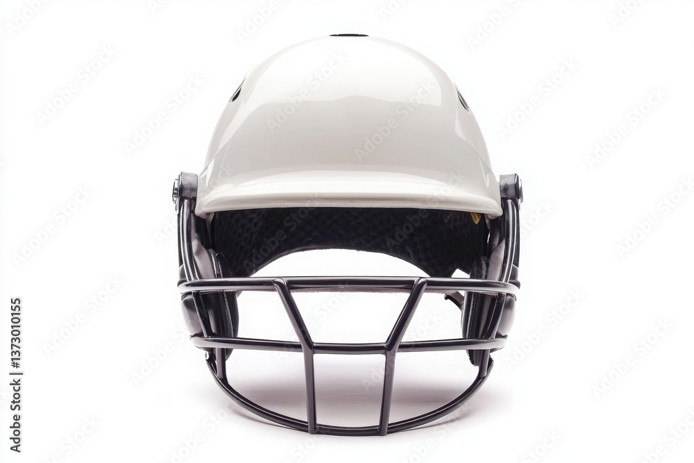 Naklejka premium A front view of a white helmet with a black face mask on a white studio background 