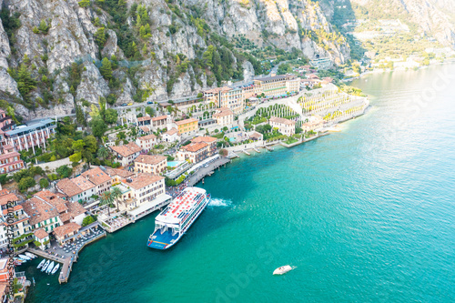Historic Italian town of Limone Sul Garda on shore Lake Garda in Italy. Aerial view