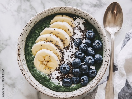 A fresh green smoothie bowl topped with sliced bananas, chia seeds, blueberries, and coconut flakes.
