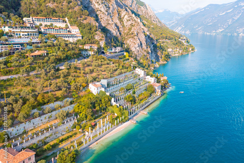 Historic Italian town of Limone Sul Garda on shore Lake Garda in Italy. Aerial view
