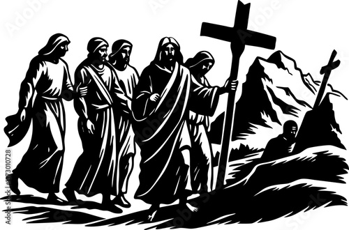Biblical depiction of Jesus' journey to Golgotha. Moses with staff walking in desert area, reaching destination