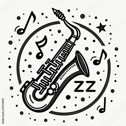 Saxophone surrounded by musical notes and stars, black and white illustration