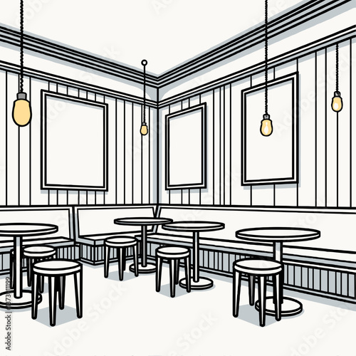 Minimalistic café interior with empty frames and tables, monochrome illustration