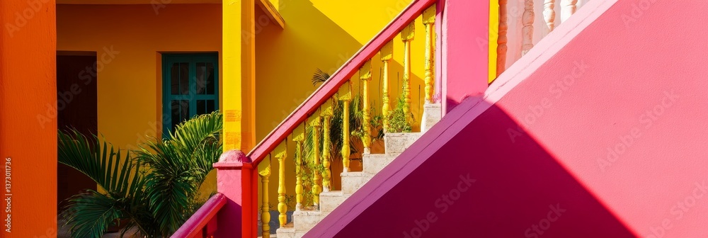 Fototapeta premium Colorful building exterior with stairs and vibrant paint in orange