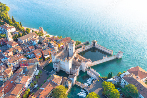 Scaligero Castle aerial panoramic view. Scaligero Castle is a fortress in the historical center of Sirmione town at the Garda Lake in Italy