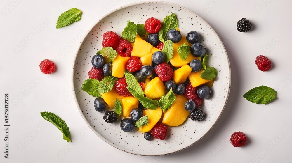 A Delectable Composition of Fresh Fruits and Fragrant Mint Leaves on a Plate A Delectable Composition of Fresh Fruits and Fragrant Mint Leaves on a Plate